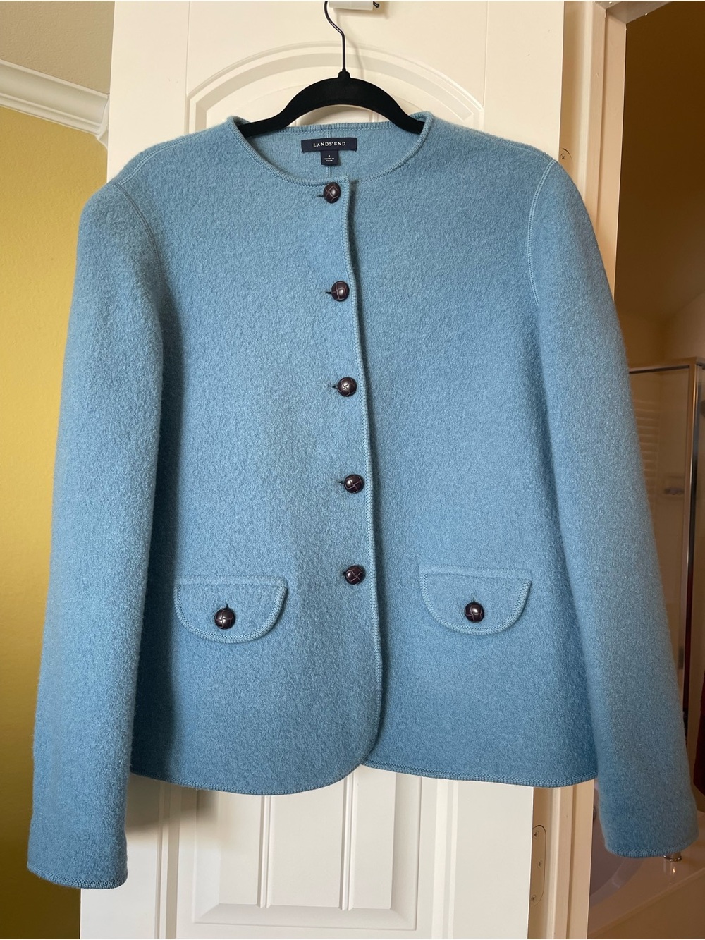 Lands' End Women's Wool Sky Blue Round-Neck Button Jacket